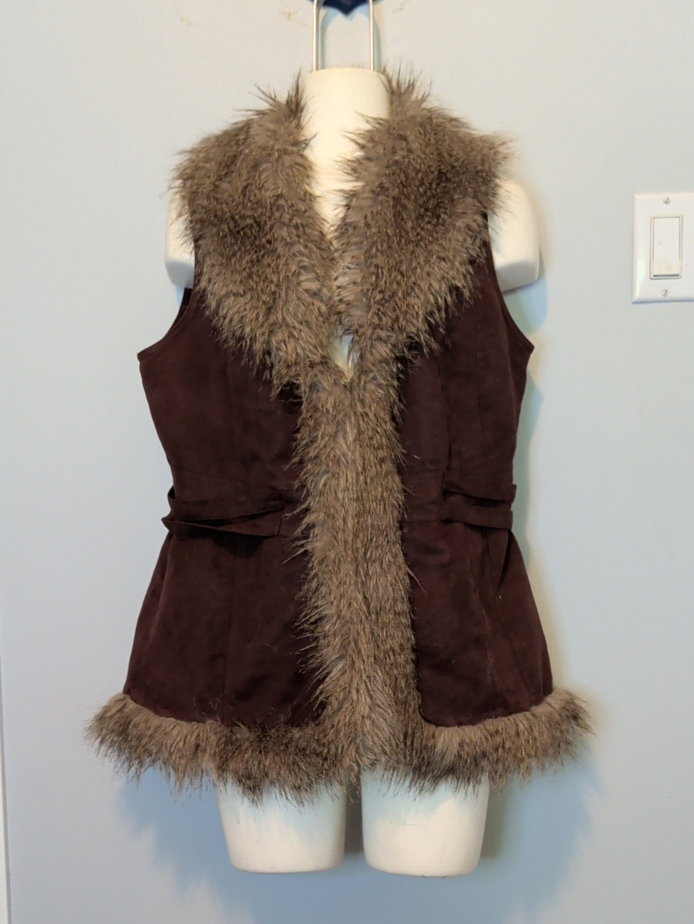 Bagatelle Sleeveless Brown Faux-Suede Vest with Faux-Fur Trim